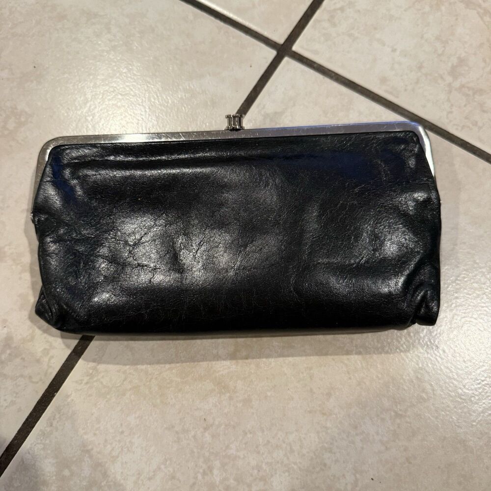 Hobo Wallet Womens One Size Black Leather Double Frame Clutch Paisley Lining - Picture 2 of 6